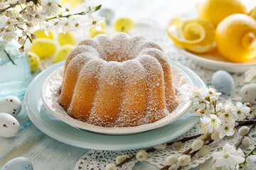 Easter lemon bundt cake, Babka sprinkled with powdered sugar on a festive table decorated with spring flowers, close up view - 497876853