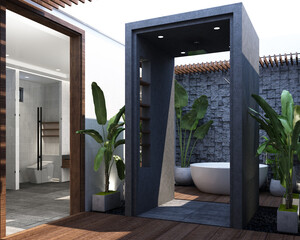 design of modern contemporary wood bathroom with concrete tile floor and rock stone wall decoration with mirror counter basin with toilet and outdoor rain shower with skylight. realistic 3d render