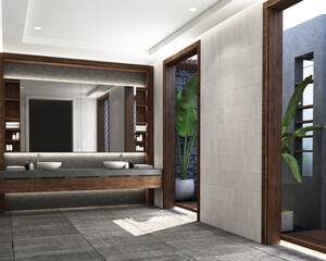 design of modern contemporary wood bathroom with concrete tile floor and rock stone wall decoration with mirror counter basin with toilet and outdoor rain shower with skylight. realistic 3d render