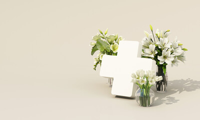 World Red Cross Day, realistic illustration of red cross symbol in white color with white flowers pot, white background. 3d render
