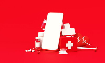 May 8th, calendar on smartphone screen on red background and medical equipment, Pill box, vaccine and heart pulse, World Red Cross and red Crescent Day, insurance. realistic 3d render