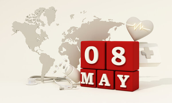 May 8th, Calendar On Calendar Red Box On White Background And Medical Equipment And World Map, World Red Cross And Red Crescent Day, Realistic 3d Render