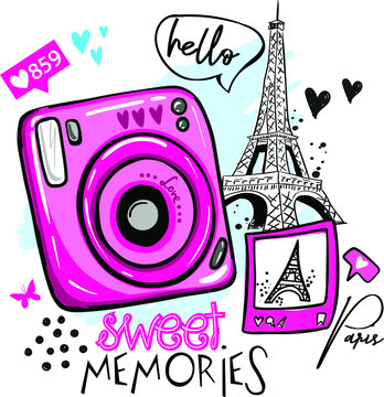 typographic graphic print with camera and photos. Vector illustration for girls, prints for t-shirts, cards and more