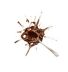 Dark chocolate splash teaspoon on white background.