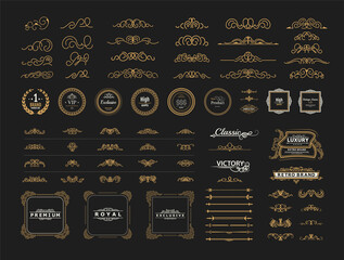 Vintage set decor elements for wedding cards, decorating valentines, vector framing title of different printed products. Vintage patterns, frames and weaves on a white background. Exclusive brown icon