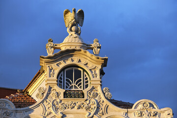 Fototapeta na wymiar The ornate facade of the Museum of Art Nouveau, Casa de Cha Arte Nova in Aveiro, Portugal