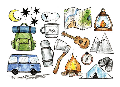 tourism, hiking and vacation doodle icons set. camping watercolor illustration. for printing on stickers, logos, postcards, cards. summer travel.
