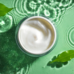 beauty cream and green leaves on clear water