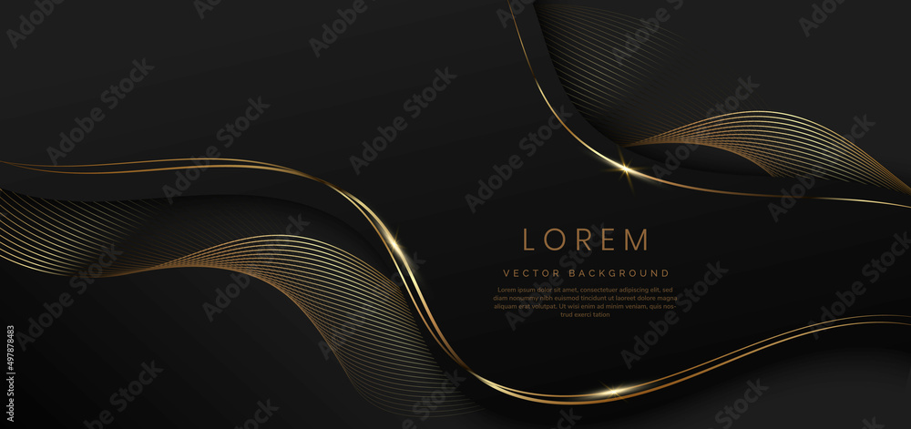 Aufkleber abstract 3d black background with gold lines curved wavy sparkle with copy space for text. luxury st