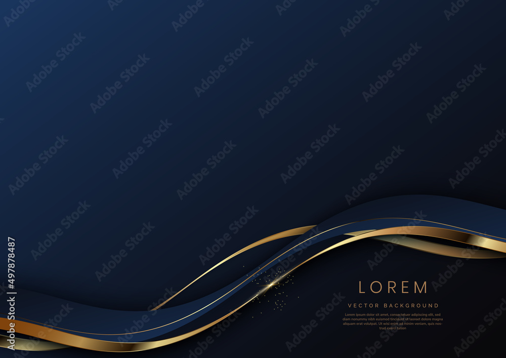 Poster abstract 3d dark blue background with ribbon gold lines curved wavy sparkle with copy space for text