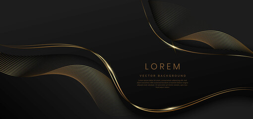 Abstract 3d black background with gold lines curved wavy sparkle with copy space for text. Luxury style template design.