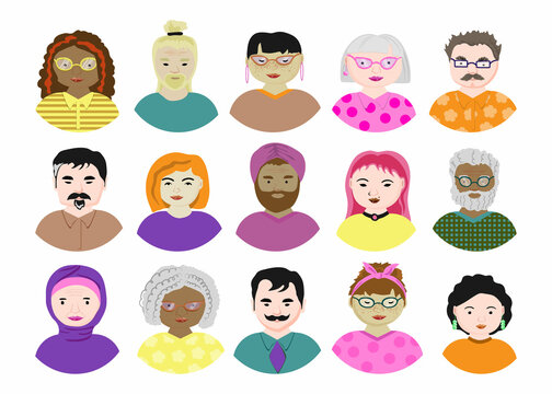 A set of avatars for nice people. A diverse group of young men and women. People of different races. Flat style vector illustration.