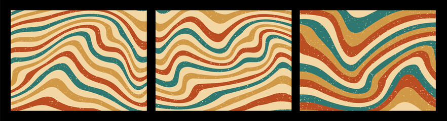 Groovy wave background. Retro 70s curved stripes, abstract wavy lines pattern and psychedelic aesthetic style wallpaper vector set