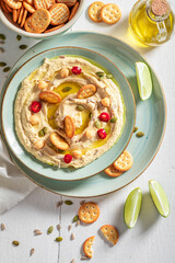 Yummy and fresh hummus as healthy snack.