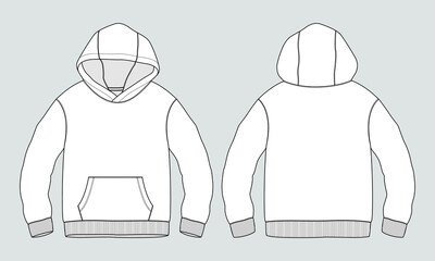 Long sleeve hoodie technical fashion Drawing sketch template front and back view. apparel dress design vector illustration mock up jacket CAD. Easy edit and customizable.
