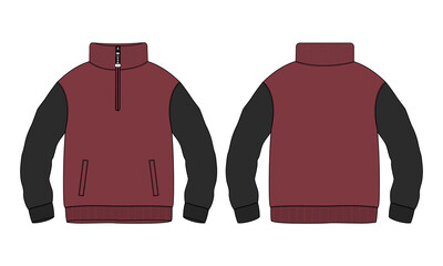 Two tone black and red color long sleeve Sweatshirt Jacket technical fashion flat sketch vector illustration template front and back views isolated on white background.