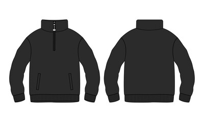 Cotton jersey fleece jacket Sweatshirt technical fashion Flat sketch Vector illustration Black Color template Front and back views. Flat apparel Sweater Jacket mock up Cad. 
