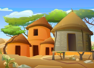 Africa village. Rural houses made of clay and straw. African landscape. Rocky desert and blue sky. Acacia trees. Vector