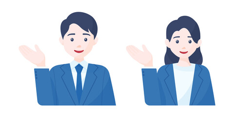 Fototapeta premium スーツを着た男性と女性のビジネス用イラスト. 主線なしのフラットデザイン. ベクターイラスト