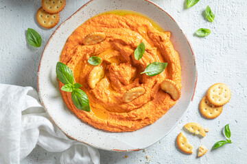 Traditional tomato hummus made of tomato and spicy herbs.