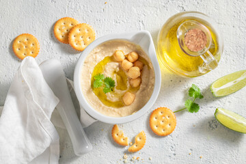 Delicious and homemade hummus as quick appetizer.