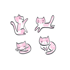 Cute pink cat in different poses play run sleep sit vector illustration set isolated on white. Childish felt pen hand drawn whimsy kitten print collection for kids fabric.