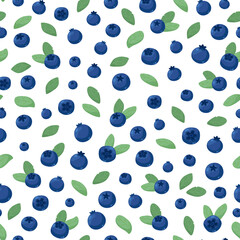 Fresh blueberries with green leaves. Vector seamless pattern on a white background. Ornament with wild berries.