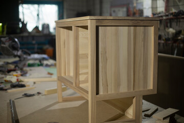 Furniture in workshop. Details of carpentry workshop. Furniture made of wood.