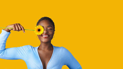 Portrait of a happy young woman holding yellow Gerbera daisy covering her eye with eyes closed