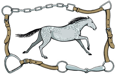 Galloping horse or dapple grey color mustang in bridle leather belt frame. Equestrian pony style with riding gear tack bit, stirrup, buckle. Hand drawing vector cartoon vintage art