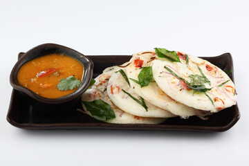 south indian food, UTTHAPAM WITH SAMBAR served in a ceramic plate