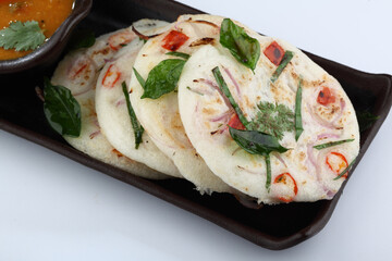south indian food, UTTHAPAM WITH SAMBAR served in a ceramic plate