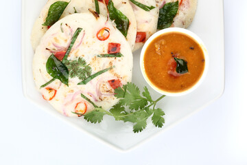 south indian food, UTTHAPAM WITH SAMBAR served in a ceramic plate