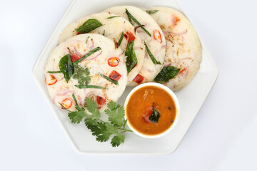 south indian food, UTTHAPAM WITH SAMBAR served in a ceramic plate
