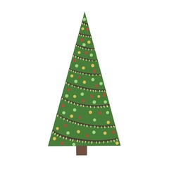 Cartoon green decorated Christmas tree on white background