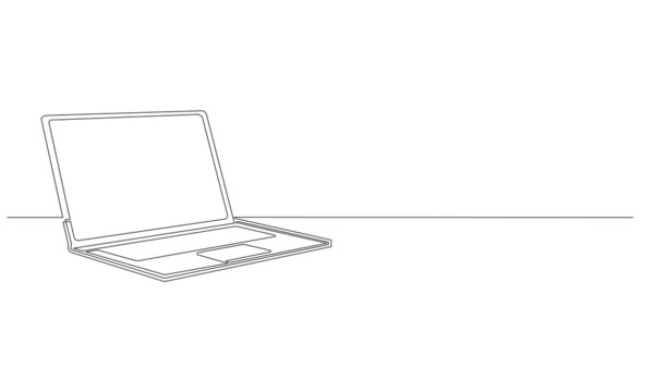 single line drawing of laptop computer isolated on white background, continuous line vector illustration