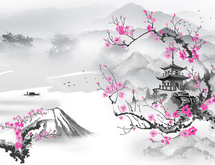 sakura in the mountains with a Japanese gazebo