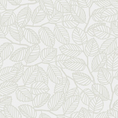 Seamless pattern with elm tree branches and leaves on light background for surface design, wallpaper, fabrics, home decor. Monochrome pastel realistic line art