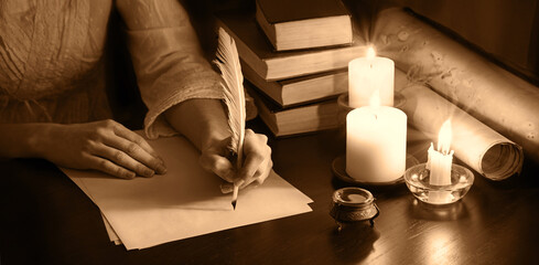 Vintage lady write on wooden table