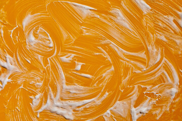 Texture of white soap foam with bubbles abstract yellow background, Soap, shower gel, shampoo, Face Cream cleansing mousse sample.