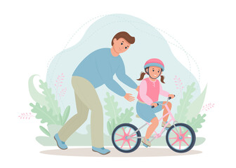 Father teaching her daughter to ride bike for the first time. Dad teach her girl kid cycling on the nature. Parenting, parenthood concept. Vector cartoon illustration.