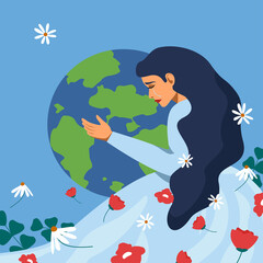 The girl hugs the planet Earth. Earth protection concept. Earth Day