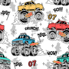 Monster trucks vector seamless pattern. For apparel prints and other uses. © cddesign.co