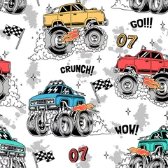 Schilderijen op glas Monster trucks vector seamless pattern. For apparel prints and other uses. © cddesign.co
