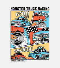 Hand drawn cartoon monster truck. Vector illustrations for apparel prints and other uses. © cddesign.co