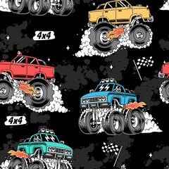 Monster trucks vector seamless pattern. For apparel prints and other uses. © cddesign.co