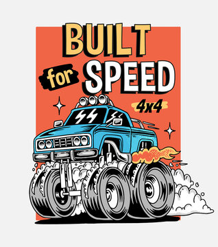 Hand drawn cartoon monster truck. Vector illustrations for apparel prints and other uses.