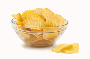 Fototapeta na wymiar Potato chips in glass bowl isolated on white background