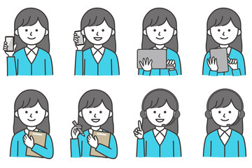 女性 PC スマホ タブレット 私服 オフィスカジュアル 襟 ワイシャツ カーディガン 人物 イラスト ベクター AI 素材