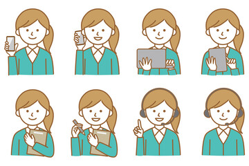 女性 PC スマホ タブレット 私服 オフィスカジュアル 襟 ワイシャツ カーディガン 人物 イラスト ベクター AI 素材